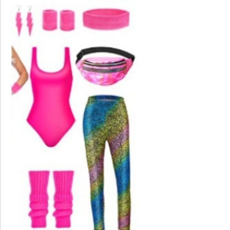 Women Retro Tracksuit 1980s Sportswear Fitness Outfit Costume with Vest Leggings Headband Bracelets Leg Warmers women clothing