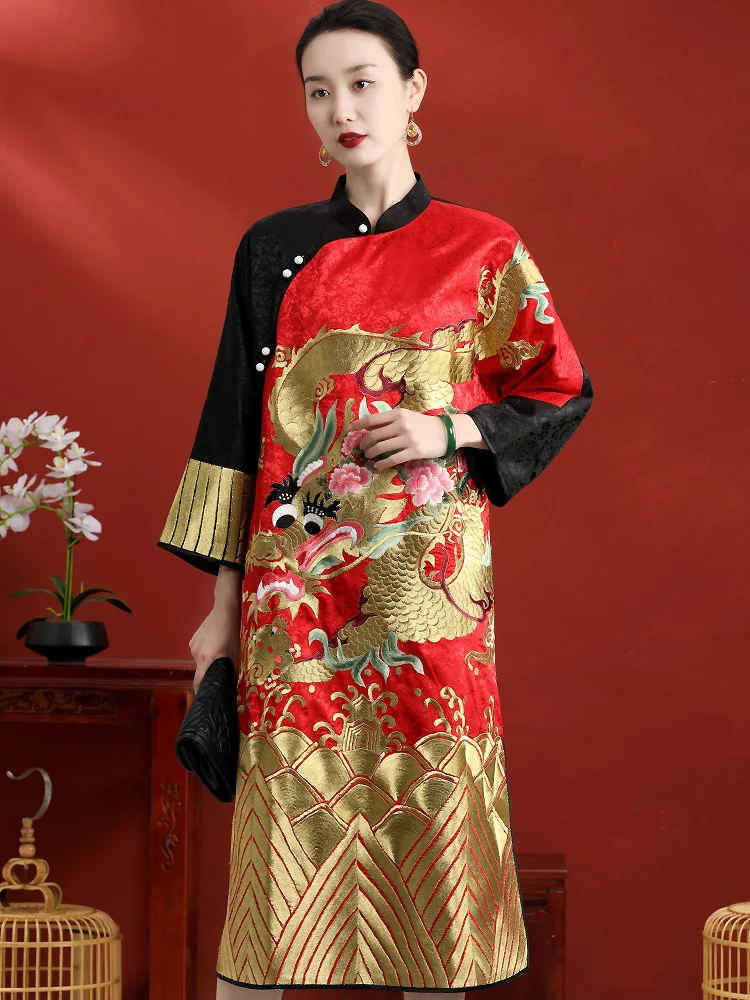 Cheongsam Dress Plus Size Loose Retro Dragon Embroidery 2025 New Arrival Chinese Style Dragon Robe Women New Chinoiserie