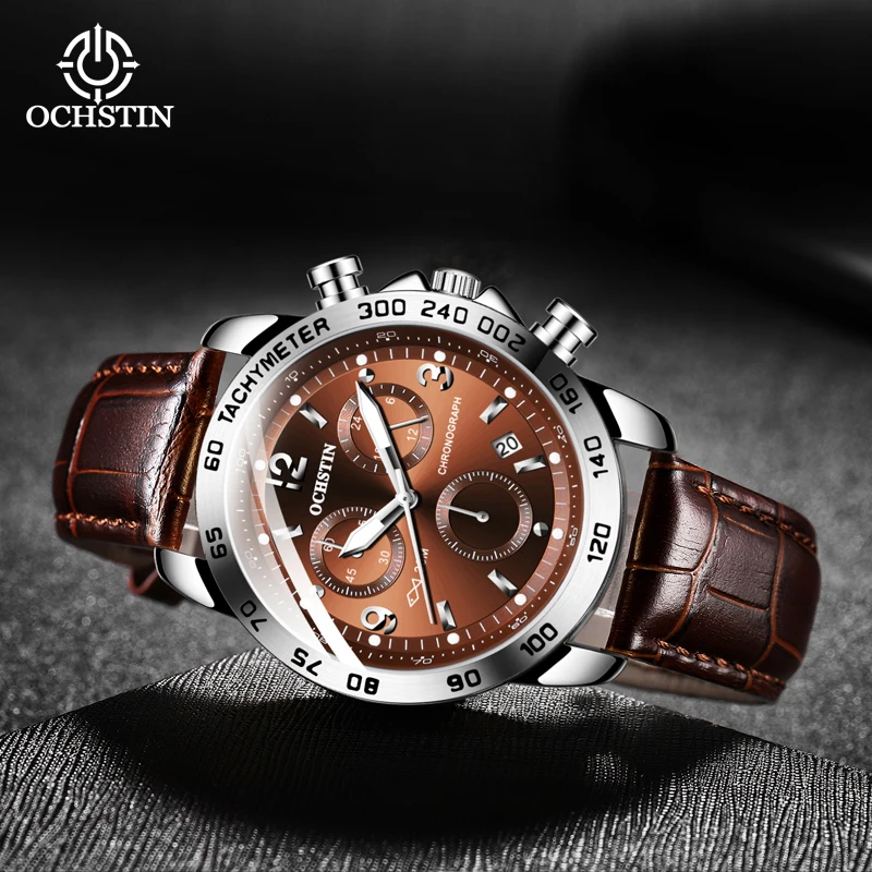 OCHSTIN Man Skin‑friendly Leather Strap Quality Hardened Mineral Glass Watches Men's Waterproof Quartz Movement Calendar Clock