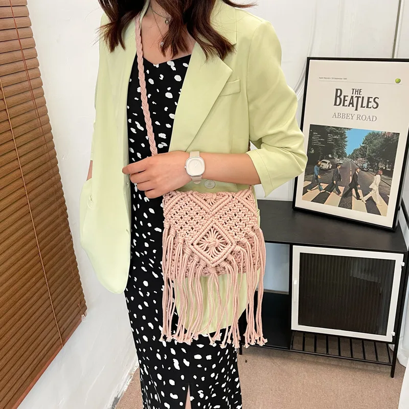 Neue Strohs ack böhmische Quaste Strand tasche Frauen häkeln Fransen Cross body ultraleichte Umhängetasche Frauen kleine Bolsos Feminina – Detail 31