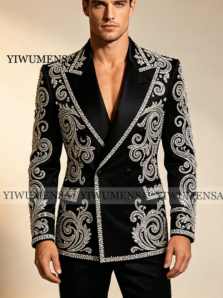 

Exclusive Wedding Suit For Man Rhinestones Beaded Prom Blazer Customized 2 Pieces Sets Costumes Hommes Slim Fit Groom Tuxedos
