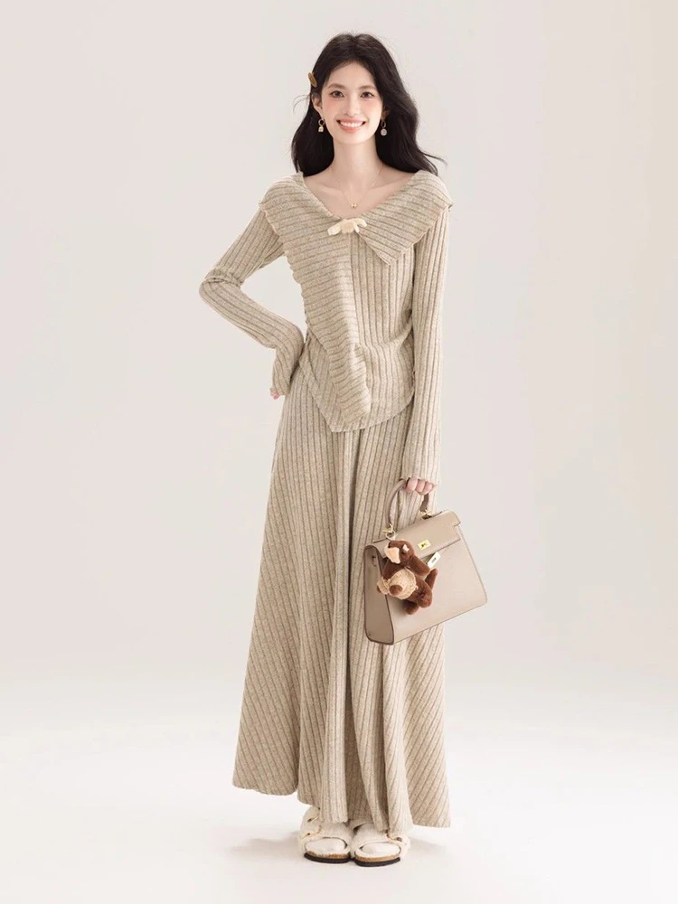 

Элегантные французские комплекты из двух предметов, женские топы с длинными рукавами и нерегулярным бантом в стиле пэчворк, модные однотонные повседневные длинные юбки с высокой талией