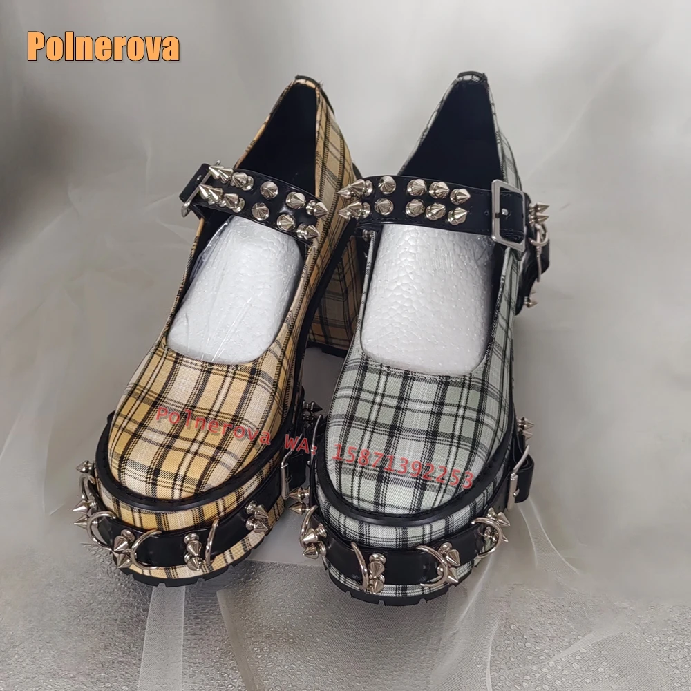 Metal Spike Rivet Plaid Mary Jane Pumps Round Toe Block Heels Belt Buckle Shallow Lolita Cosplay Women Sandals Plus Size Newest