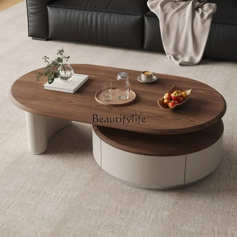 Telescopic solid wood coffee table medium and ancient style high-end simple saddle leather retro style coffee table