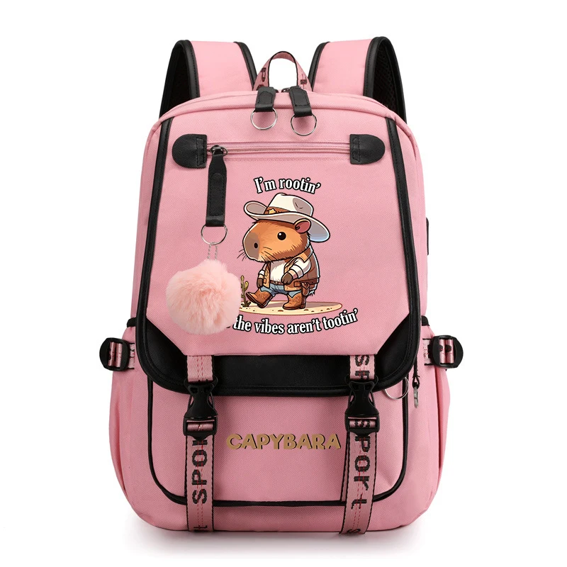 Mochila escolar con estampado de Animal Capybara para niñas, bolsa de viaje USB, rosa, regalo para niños