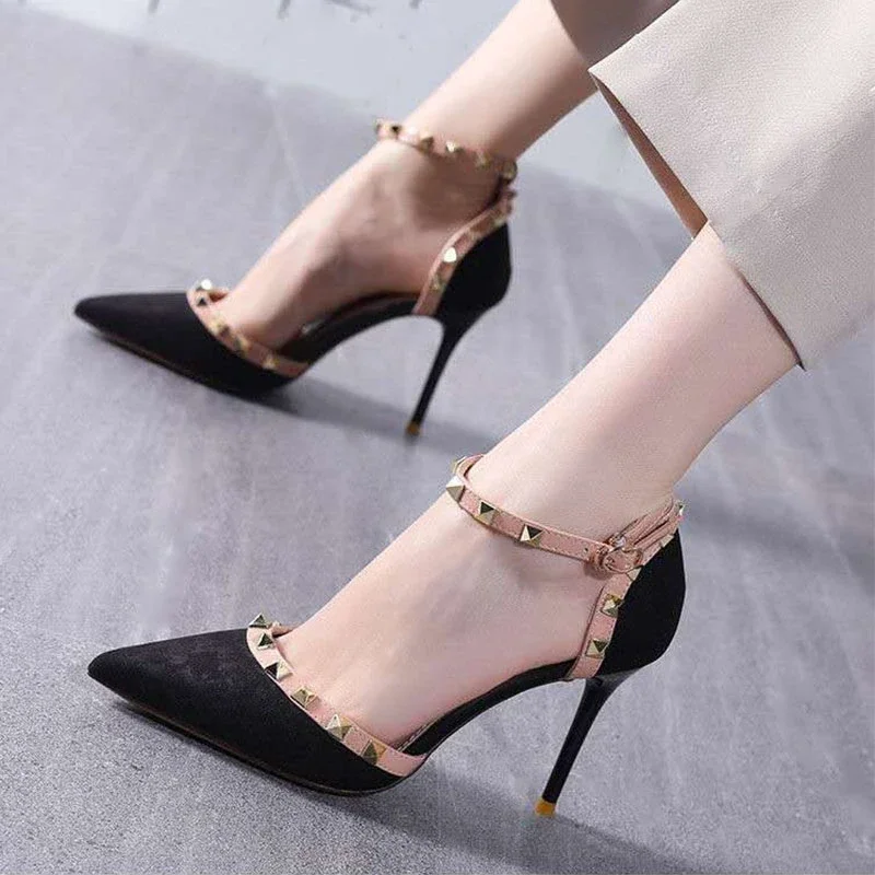 New Pointed Toe Stiletto Shallow Mouth Solid Color Rivet Decoration Fashion Women's Shoes Sexy Elegant Banquet Party High Heels