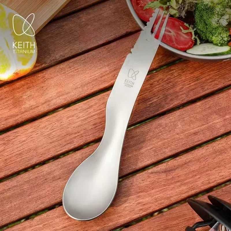 

Ложка для супа из чистого титана, многофункциональная портативная титановая посуда «три в одном» для улицы