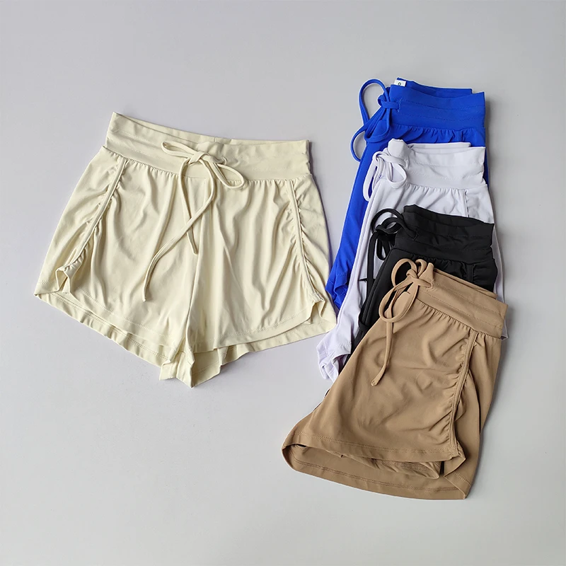 Short de sport taille haute à séchage rapide pour femme, short de yoga et de course, vêtements externes, faux deux pièces