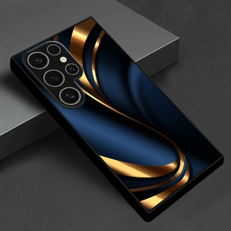 

Gold ribbon dark blue background pattern design glass phone case for S25, S24, S24PLUS, A36, A55, A54 phone case