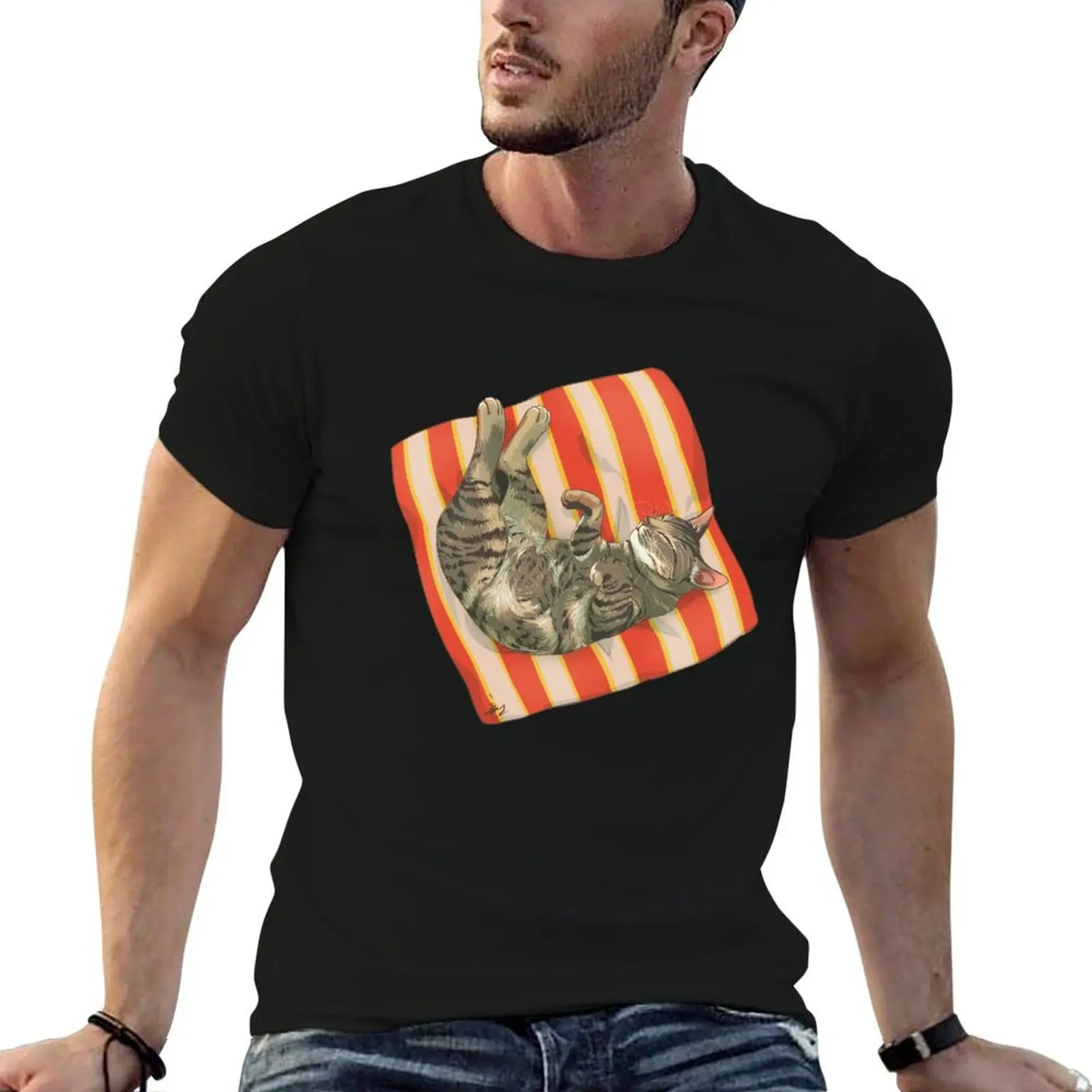 

Sleeping Cat Brown Grey Tabby T-Shirt man t shirt heavy cotton t shirts cotton 100% T-Shirt