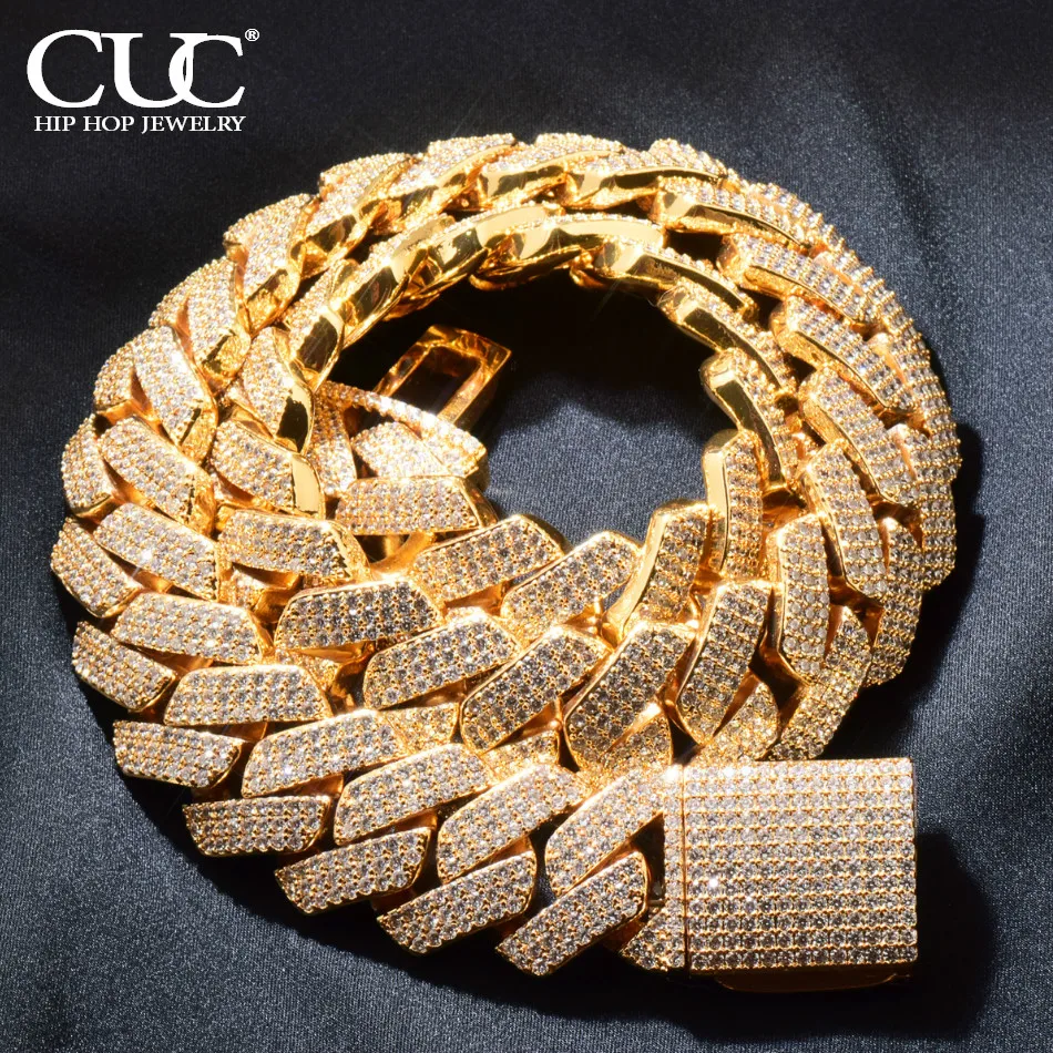 

CUC Hip Hop Men Necklace 20mm 3 Row Miami Cuban Chain Gold Color Iced Out Zirconia Link Fashion Rock Rapper Jewelry 2024