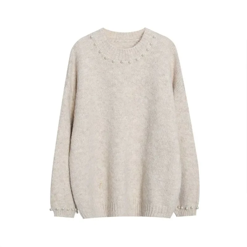 Suéteres holgados rojos con cuentas para mujer, ropa Vintage de Color sólido para otoño e invierno, jerséis de punto de manga larga con cuello redondo