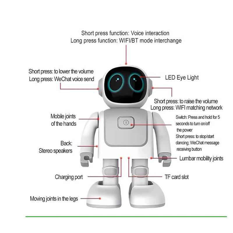 Danza Robert Robot Programmazione intelligente Robot audio Bluetooth Canto Danza Interazione genitore-figlio Aggiornamento compagno