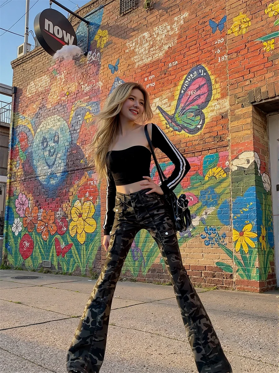 

Камуфляжные тонкие узкие джинсы в пол, женские винтажные расклешенные брюки с высокой талией в стиле пэчворк, плиссированные мешковатые прямые эластичные джинсы с вышивкой