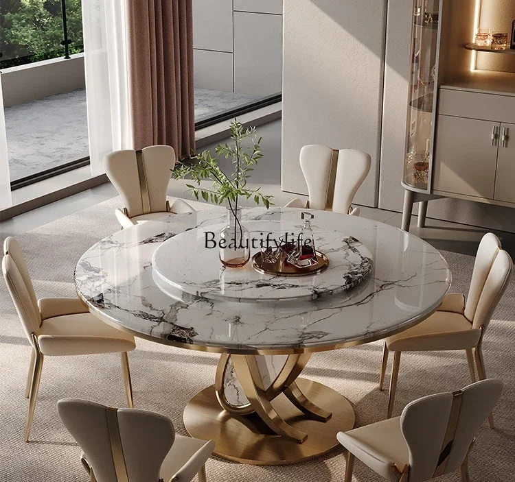 FGRound rock slab dining table modern simplicity with turntable stone marble home light luxury