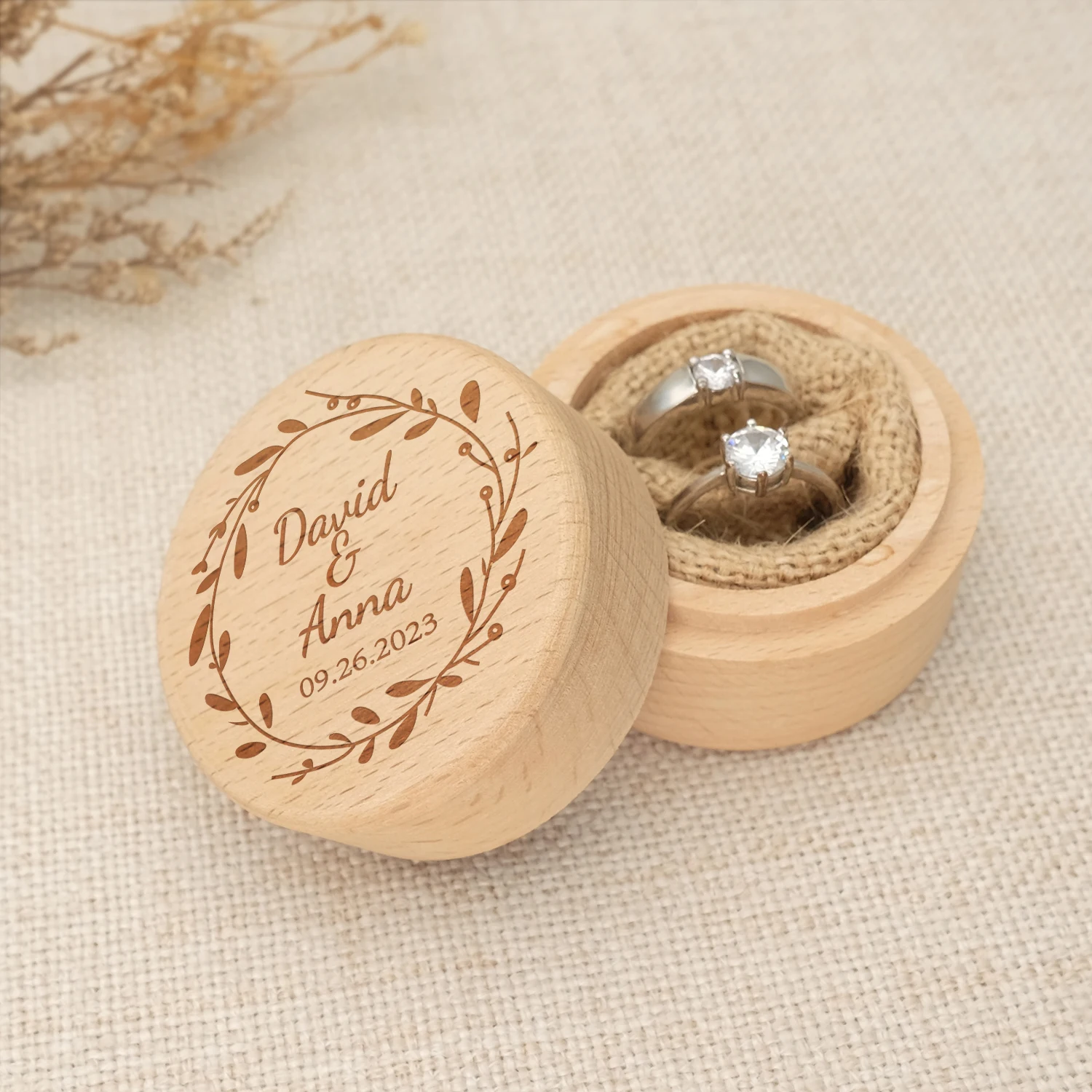 Personalized Wedding Ring  Box With Engraved Name and Date,Rustic Wooden Ring Holder with Mountain and Leafs Design