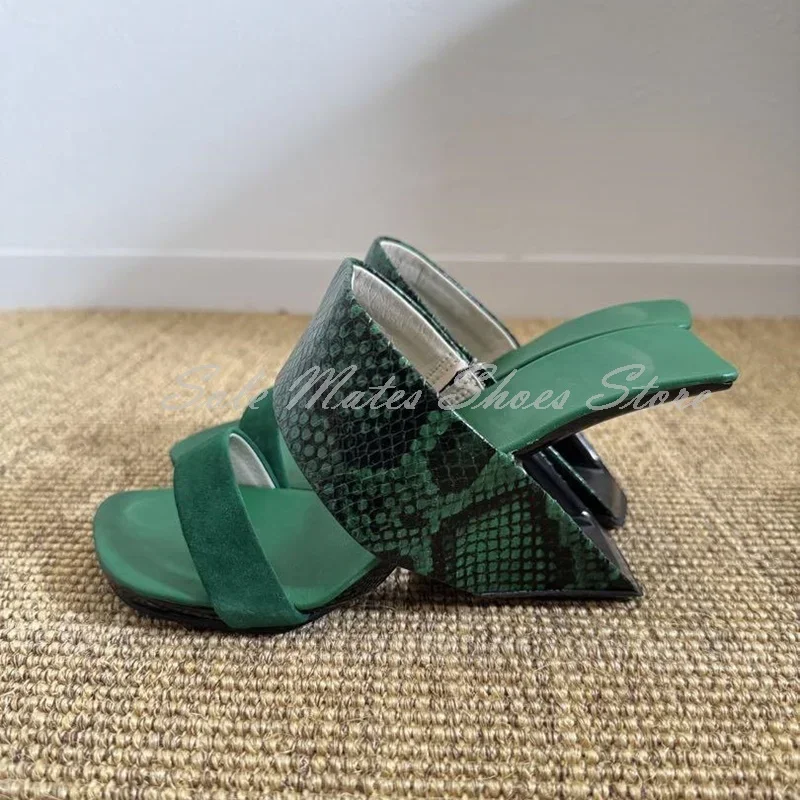 

Novelty Green Snake Print Slides Summer Genuine Leather Straps High Heel Sandals Casual Platform Square Toe Women's Slippers