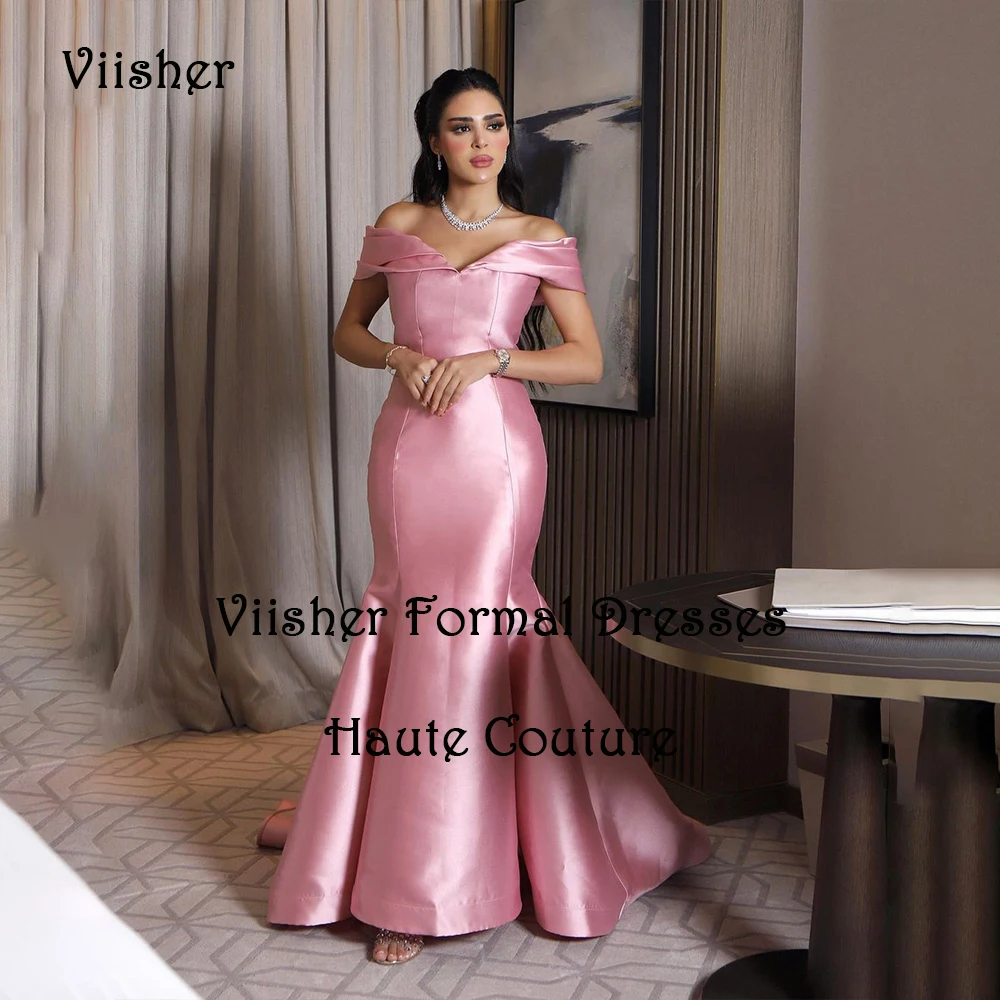 

Pink Mermaid Evening Dresses Off Shoulder V Neck Arabian Dubai Formal Dress Floor Length Wedding Prom Gowns