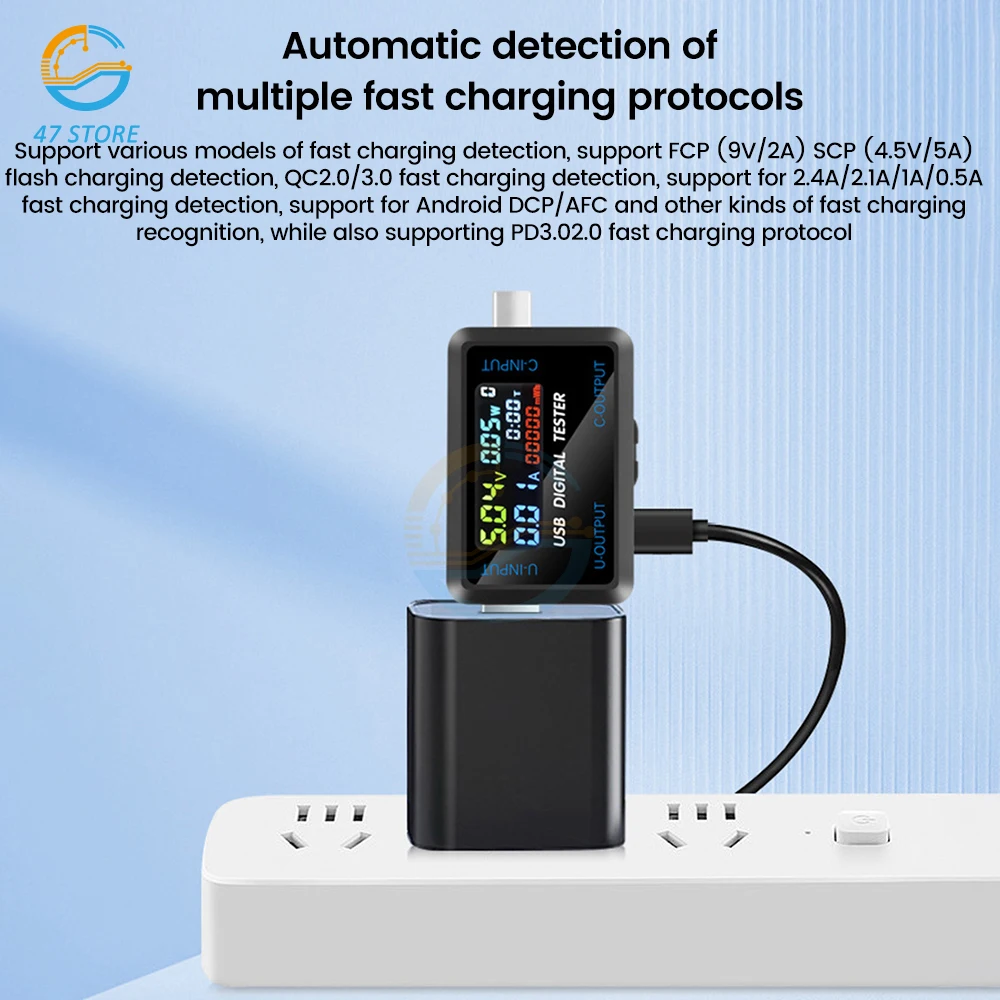 Multifunction USB Tester Current 4-30V USB-C Voltage Current Tester Timing Ammeter USB-C Type-C Charging Cable Color screen