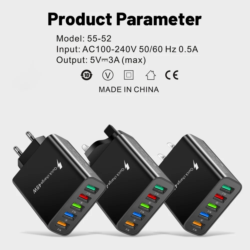 USB 48 واط 3.1A شاحن الهاتف متعدد المنافذ شاحن محول الشحن السريع آيفون سامسونج Oneplus Xiaomi الاتحاد الأوروبي/الولايات المتحدة التوصيل الجدار شاحن