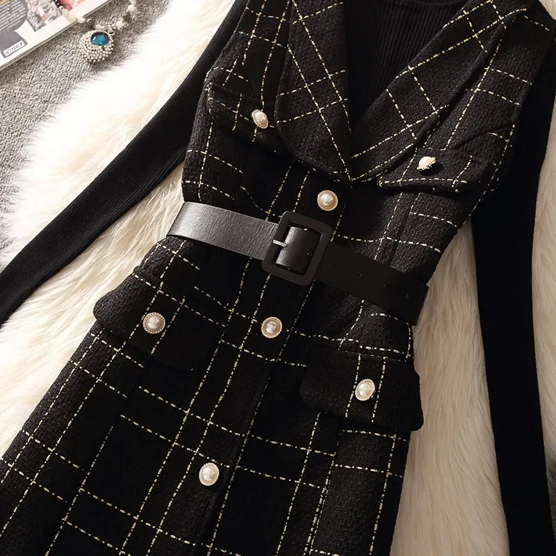 Plaid Tweed Vest Jacket 2 Piece Set Women Vintage Mid-length 75cm Elegant Pearl Button Belted Unlined Waistcoat And Knit Sweater