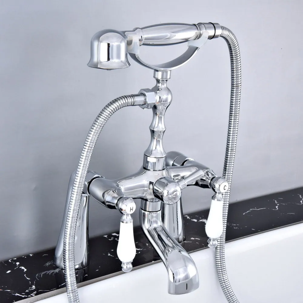 Deck Mounted Polished Silver Chrome Brass Bathroom Tub Faucet Set with 150CM Handheld Shower Spray Head Bath Mixer Tap 2tf764