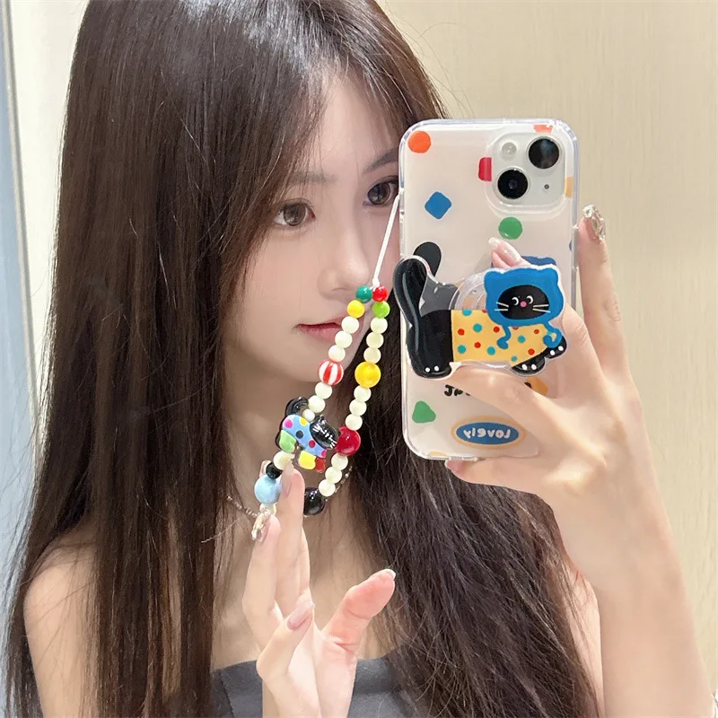 Ins Color Geometry Cat iPhone14 para iPhone15ProMax funda de teléfono iPhone12 Cartoon iPhone13 con soporte