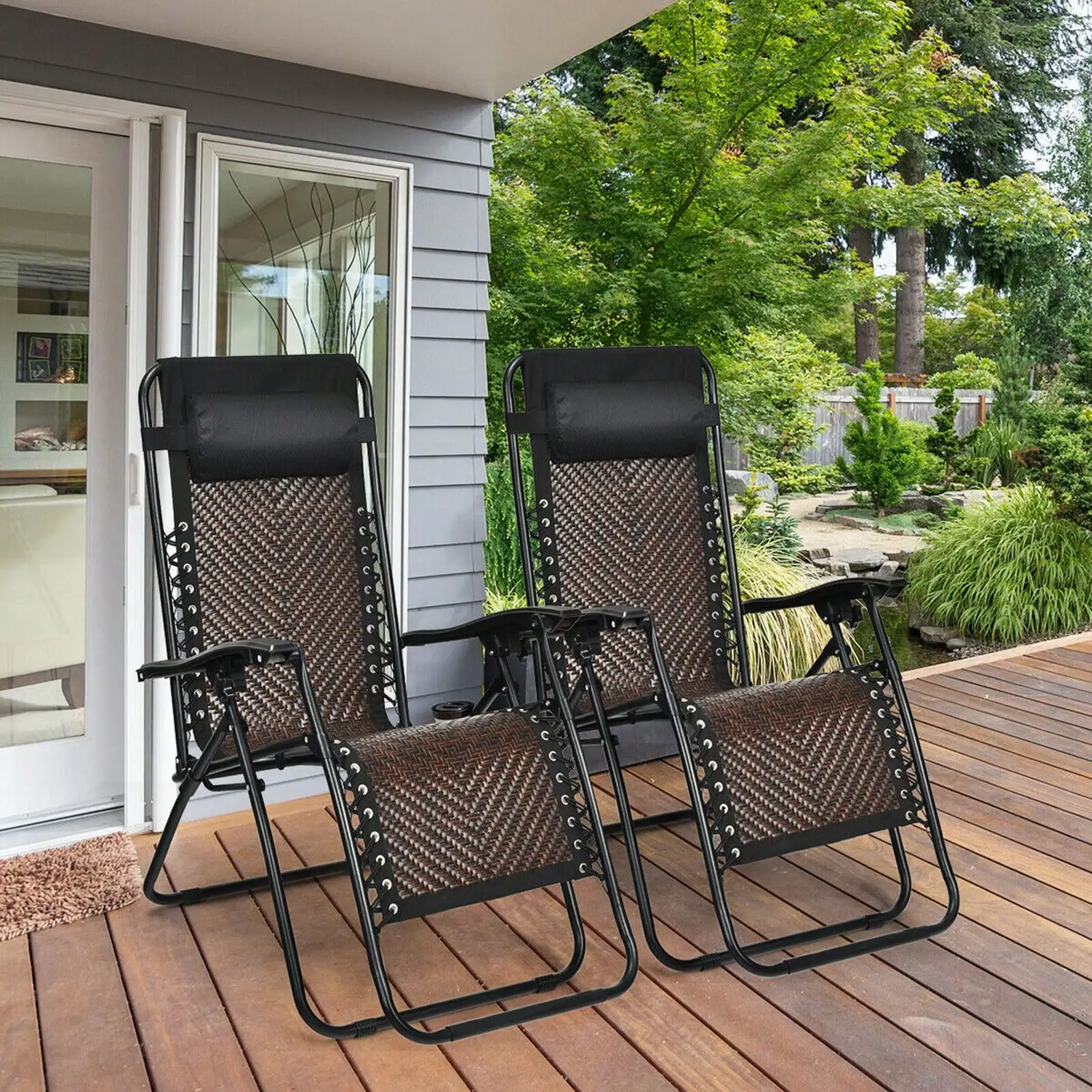 2er-Set klappbarer Rattan Patio Zero Gravity Lounge Chair Recliner