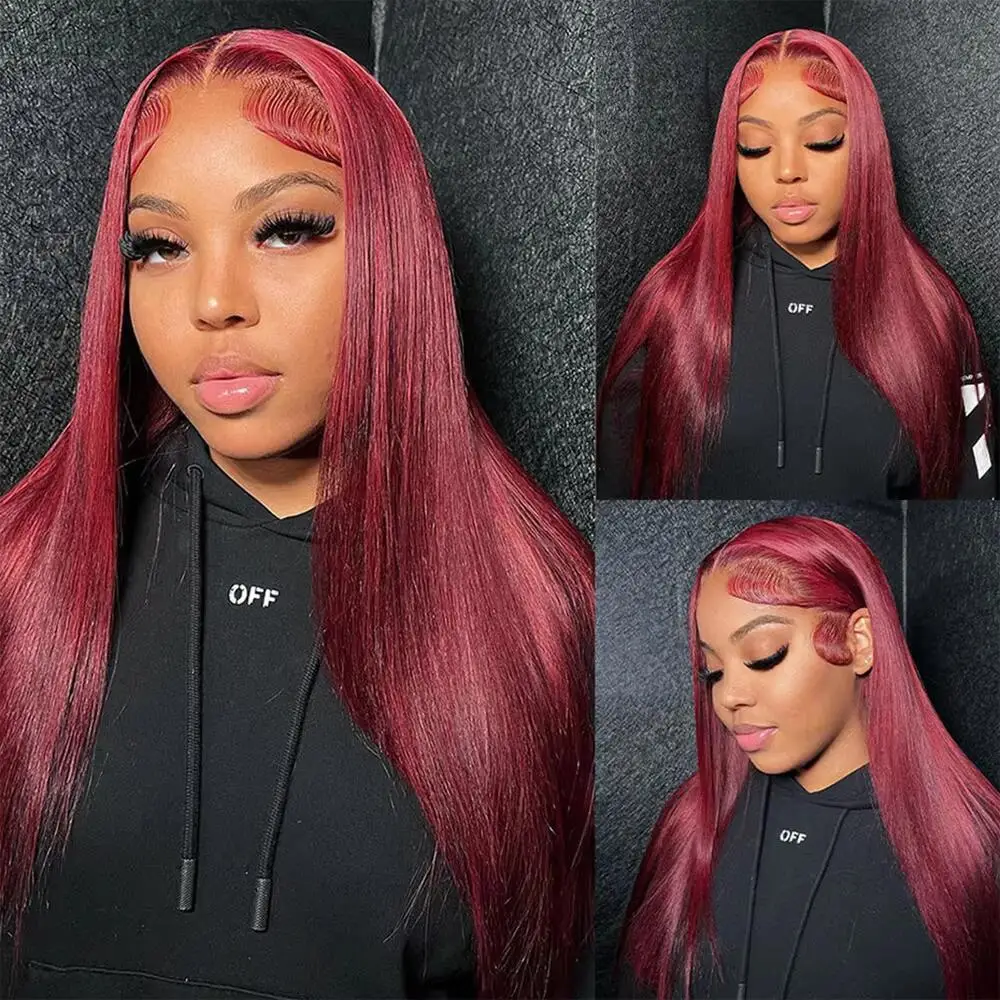 Burgundy Straight 13x6 HD Lace Frontal Wig Human Hair 36 Inch 99j Red Colored Closure 13x6 Lace Front Human Hair Wigs For Women