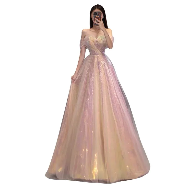 Candy Gradient Pink Cocktail Dress Sweetheart A Line Boat Neck Off Shoulder Shiny Sequined Beading Party Evening Lady Prom Gowns