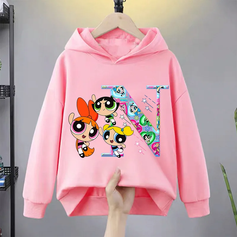 The Powerpuffs Girls Hoodie Children Cartoon Letter A-Z Clothing Fleece Hoody Thick Anime Clothes Kids Sweatshirt Birthday Gift