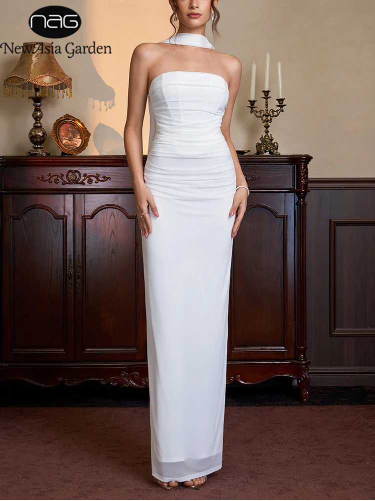 NewAsia 2026 White Boned Strapless Evening Dress with Sash Women Backless Ruched Bodycon Maxi Gown Bridesmaid Prom Formal Party