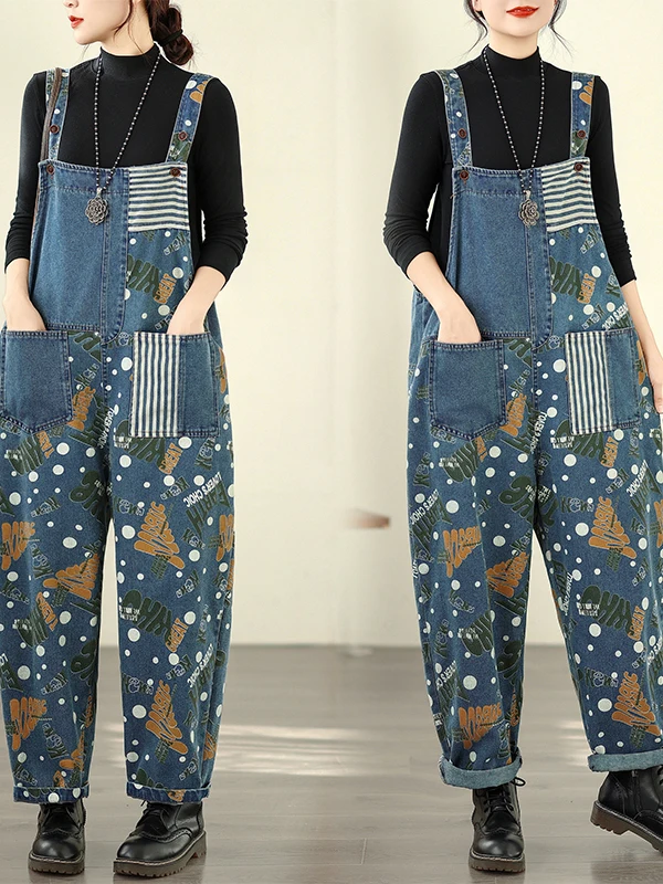 

plus Size Denim Overalls Spring New Sle Floral Print Casual Patchwork Faionable Versatile Personalized Overalls Blue