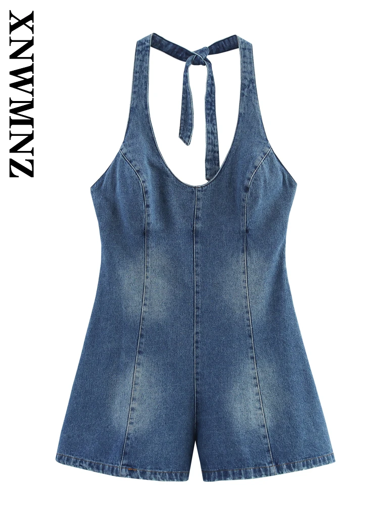 

XNWMNZ 2025 Summer Lady Chic Party Halter Shoulder Backless Denim Jumpsuit Fashion Woman's Blue Sleeveless High Waist Sexy Tie