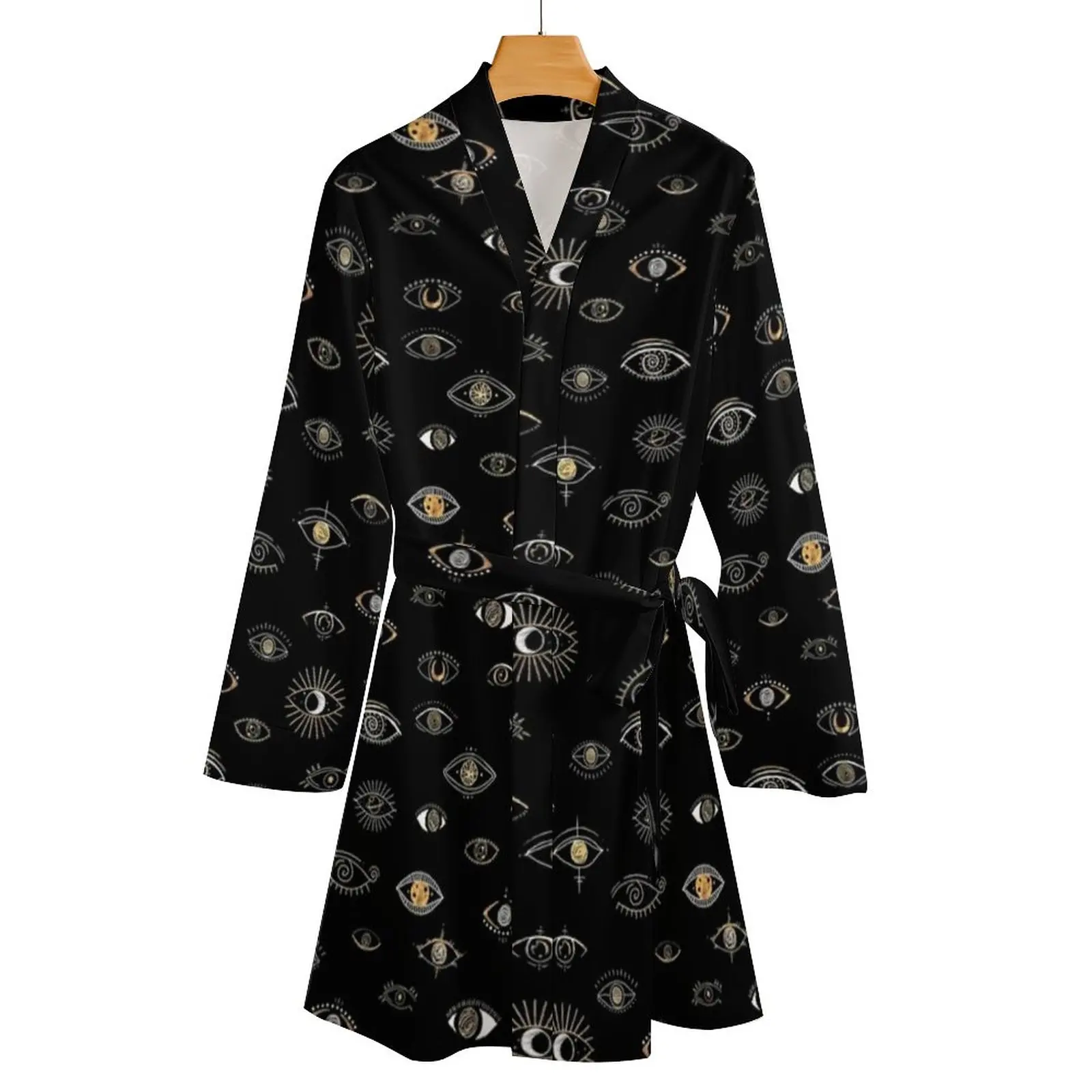 Mystic Eyes Night Pajama Robe Evil Eys Moon Sun Planets Long Sleeve Bedroom Pajamas Robes V Neck Elegant Bathrobe Daily Dresses