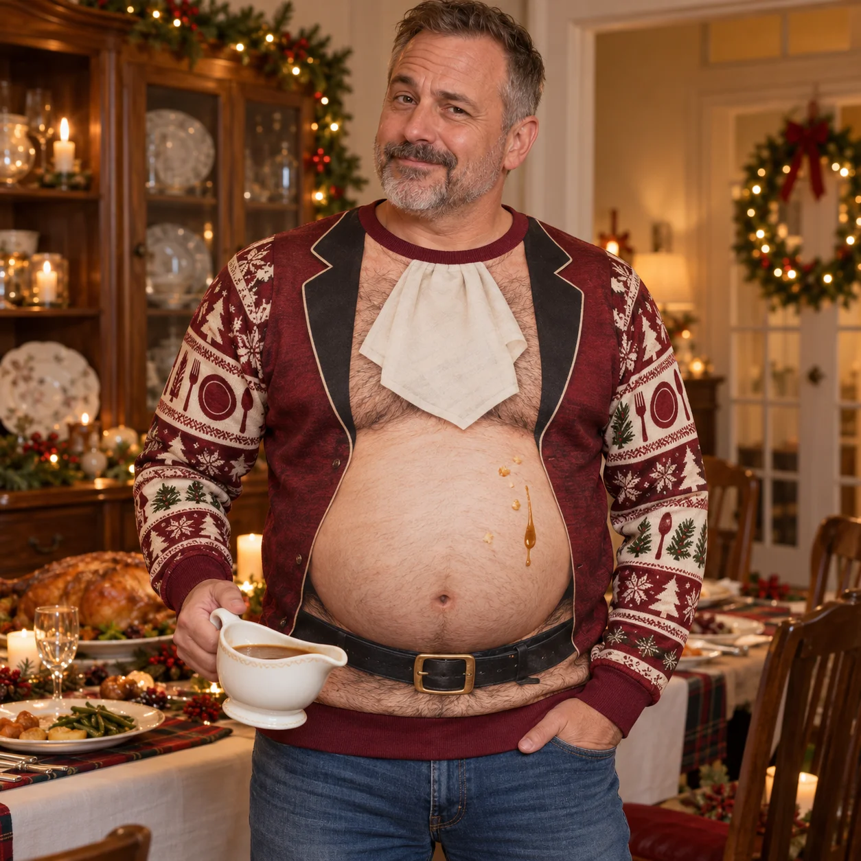 Weihnachts-Dinner-Bauch-Design, hässlicher Weihnachtspullover für Herren, 3D-Druck, Polyester, Rundhals-Sweatshirt, lustiger Pullover für Feiertagspartys. – Detail 3