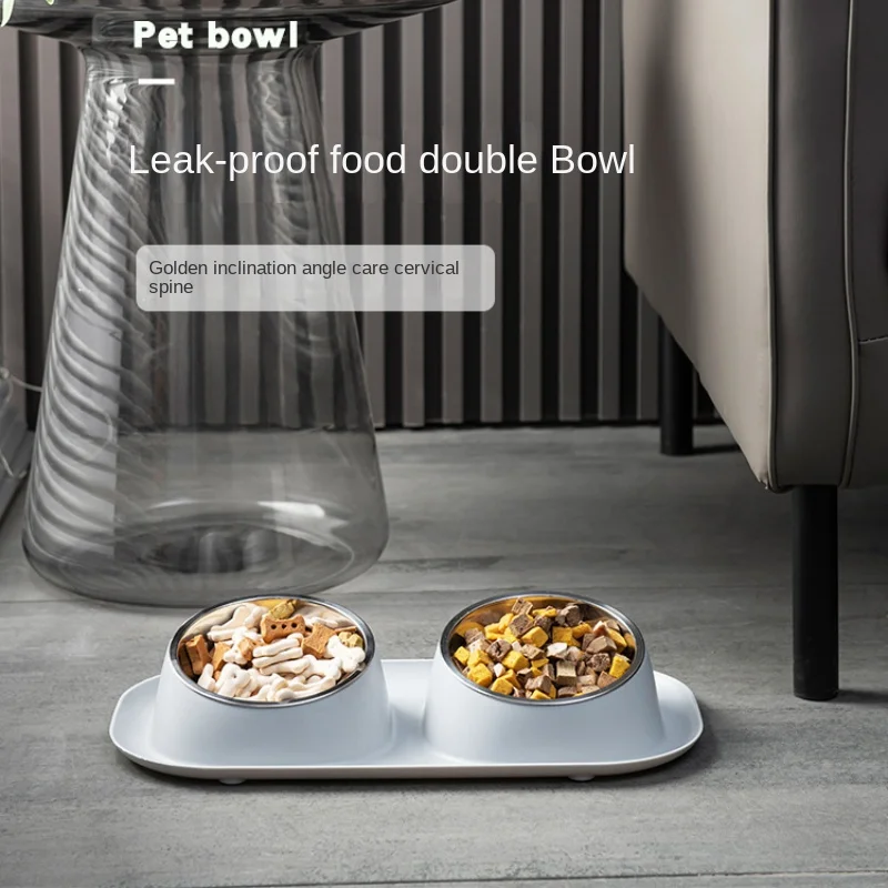 Cat Bowl Stainless Steel Leak Proof and Anti Overturning Double Pet Bowl Dog Cat Basic Food and Water Bowl Set Feeding Bowl