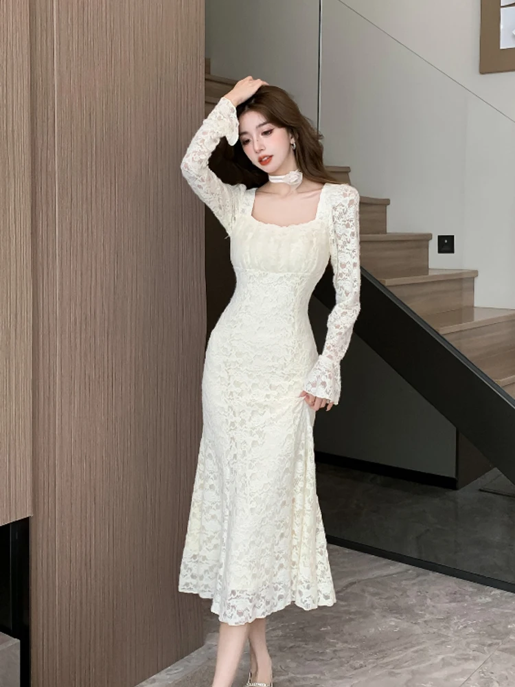 Women Elegant Square Collar Camellia Mermaid Lace Dress Autumn Winter New French Temperament Flare Sleeve Plush Warm Long Skirt