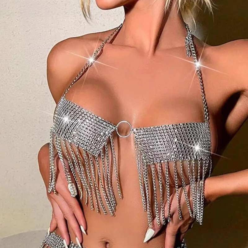 Damen Sexy Bikini Strand Urlaub Badeanzug Diamant verziert Fransen Kette Halskette Crop Top Halbrock Sexy Bademode