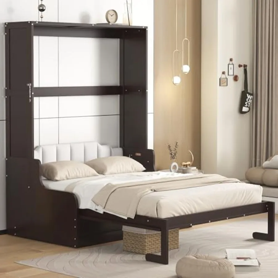 

Murphy Bed Queen Size Wall Bed with Sofa, Wood Murphy Bed, Platform Bedfram Chest can be Folded, Hideaway Cabinet w/Cushion, Sp