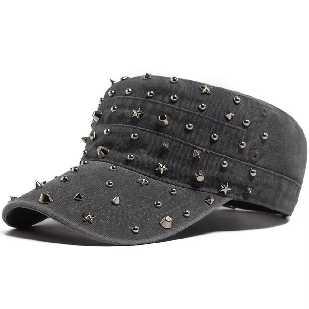 Trendy Adjustable Flat Hat Cap Rivet Design Punk Rock Trucker Hat Hip Hop Retro Style Fishing Cap Streetwear