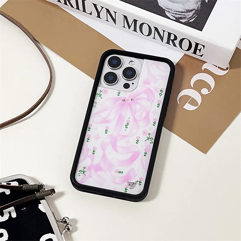 

2026 Wildflower ins Pink Blue Love Heart Phone Case for iPhone 17 16 15 14 13 12 Pro Max Plus Plaid pattern Flower wf Cover﻿﻿﻿