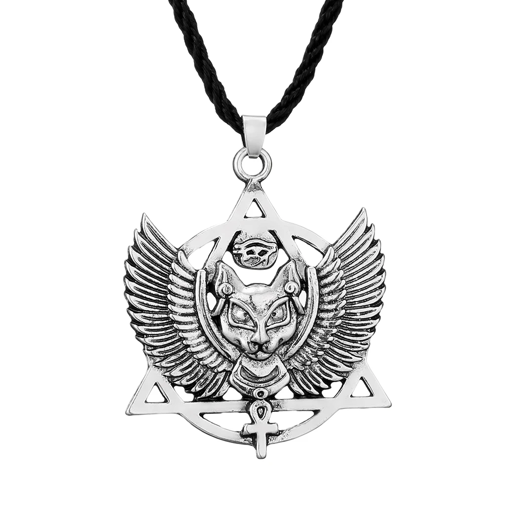 Bastet Egyptian Cat Talisman Necklace Silver Plated Ankh Pendant Necklace for Women Men Animal Eye of Horus Amulet Jewelry Gifts