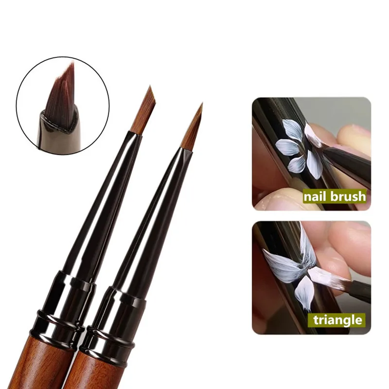 Round Wood Handle Triangular Petal Nail Brush Acrylic Nail Art Liner Brush Stripes Grid Flower Painting Drawing PenManicure Tool