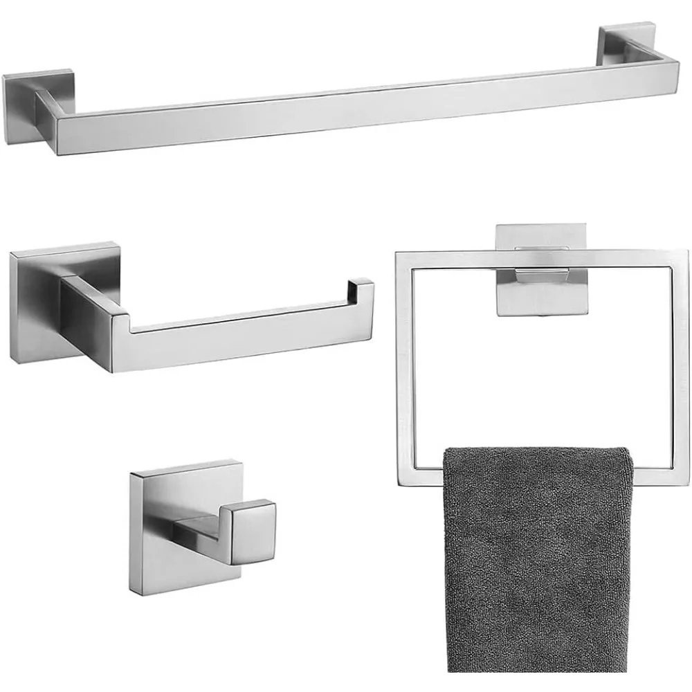 

4-Piece Bathroom Hardware Set with Towel Bar, Holder, Hook in Brushed Nickel Finish