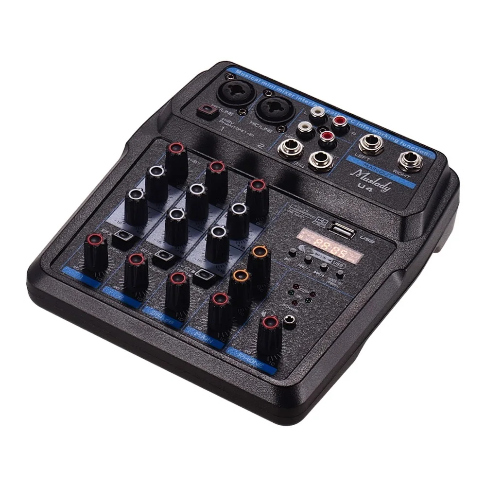 Professional 4 Channel USB Audio Mixer Console Mixing for DJ Stage Performance Recording Live Karaoke BT Mixer Interface