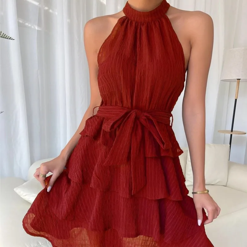 Elegant Women\'s Blue Neck Tied Mini Dress Vestidos Spring And Summer Fashion New Style Patchwork Sleeveless Ruffle Edge Dress
