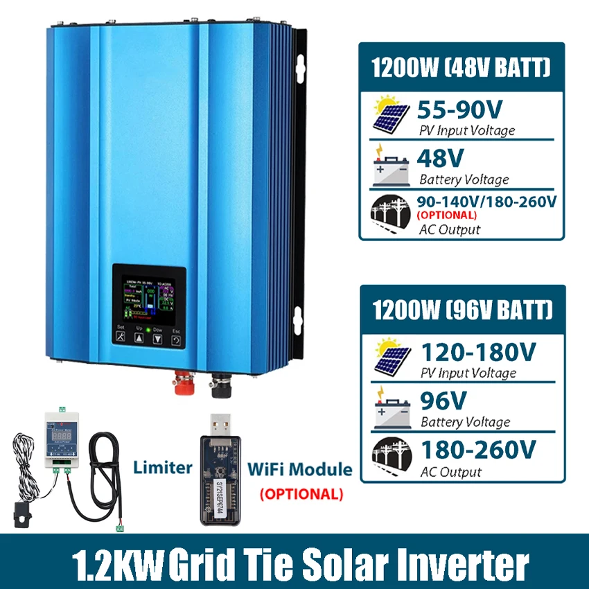 1200W Grid Tie Solar Inverter Battery Discharge DC 48V 55-90V 96V PV Panels Input AC 110V or 220V With Limiter WiFi optional