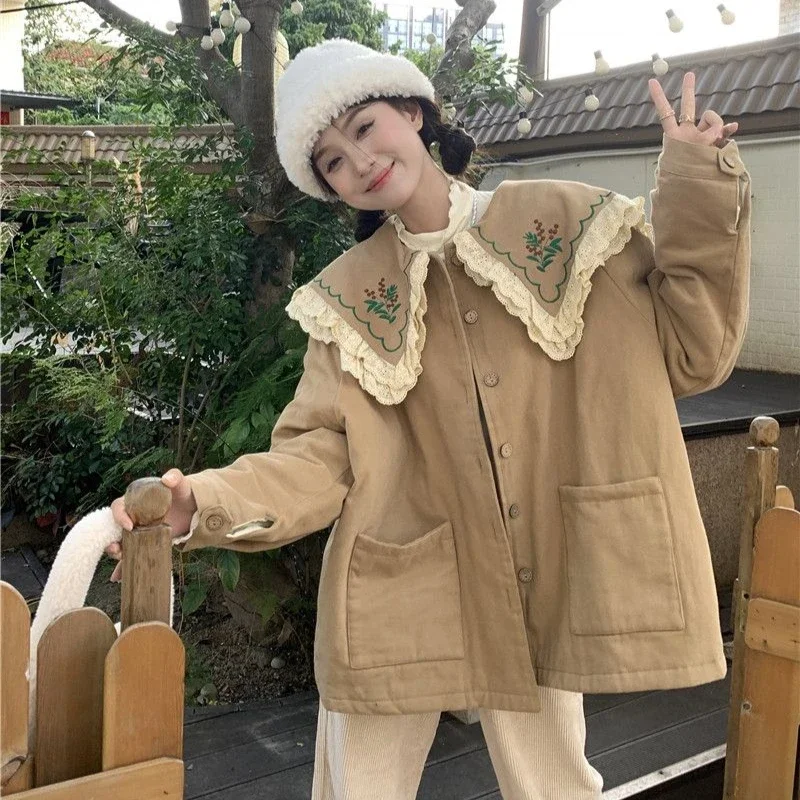 Vintage Sweet Mori Girl Style Autumn Winter Jacket Women Korean Fashion Double Layer Doll Collar Lace Edge Embroidery Loose Coat