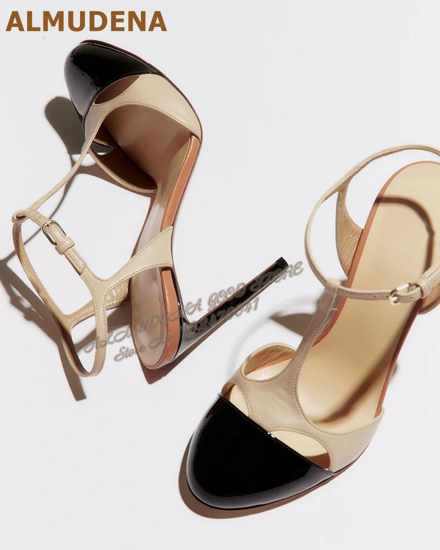 

ALMUDENA Nude Matte Black Shiny Patchwork Dress Shoes Stiletto Heels T-Strap Cut-Out Round Toe Banquet Pumps Slingback Sandals
